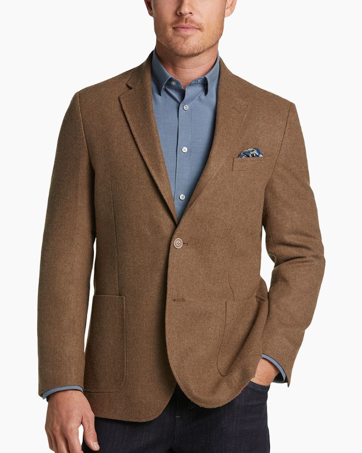 fall wedding suit colors brown coat and blue shirt