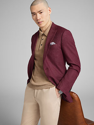 tan chinos and burgundy sport coat