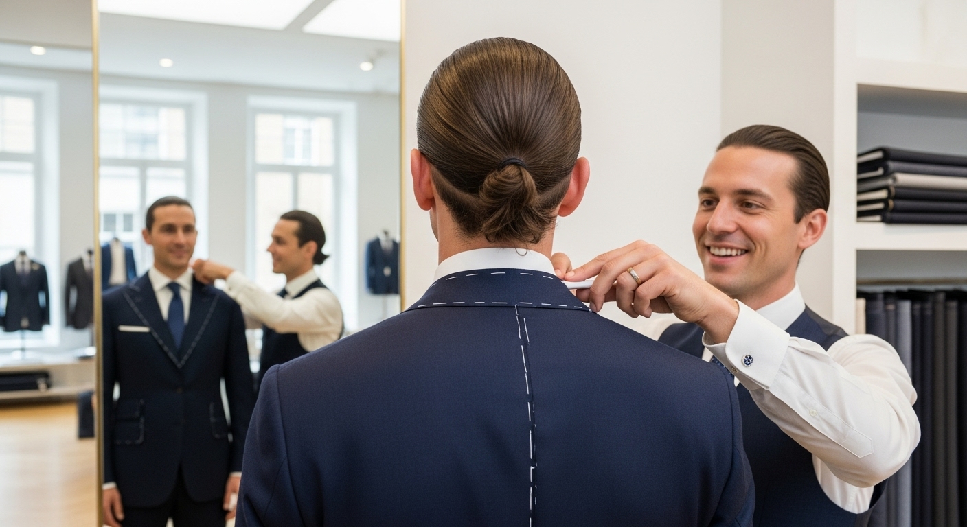 Tailor adjusting the back collar of a navy suit jacket in a modern fitting room