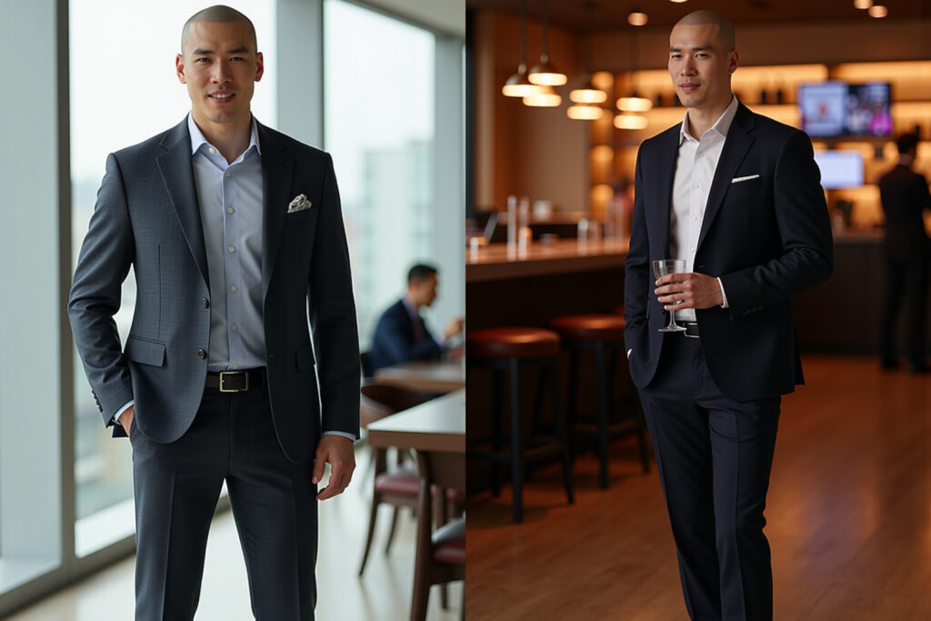 Atmosphere & Attire Comparison: A split image (or two juxtaposed images) showing the contrast between a daytime "business casual" look and an evening "cocktail attire" look, both worn by the same man.