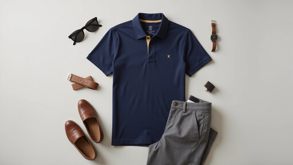 A clean flat lay on a neutral background showing the elements of an ideal business casual polo outfit.
