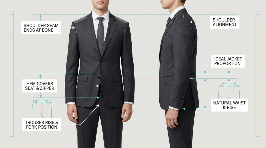 The three golden rules, Shoulders define the silhouette, Jacket length balances and Trouser rise