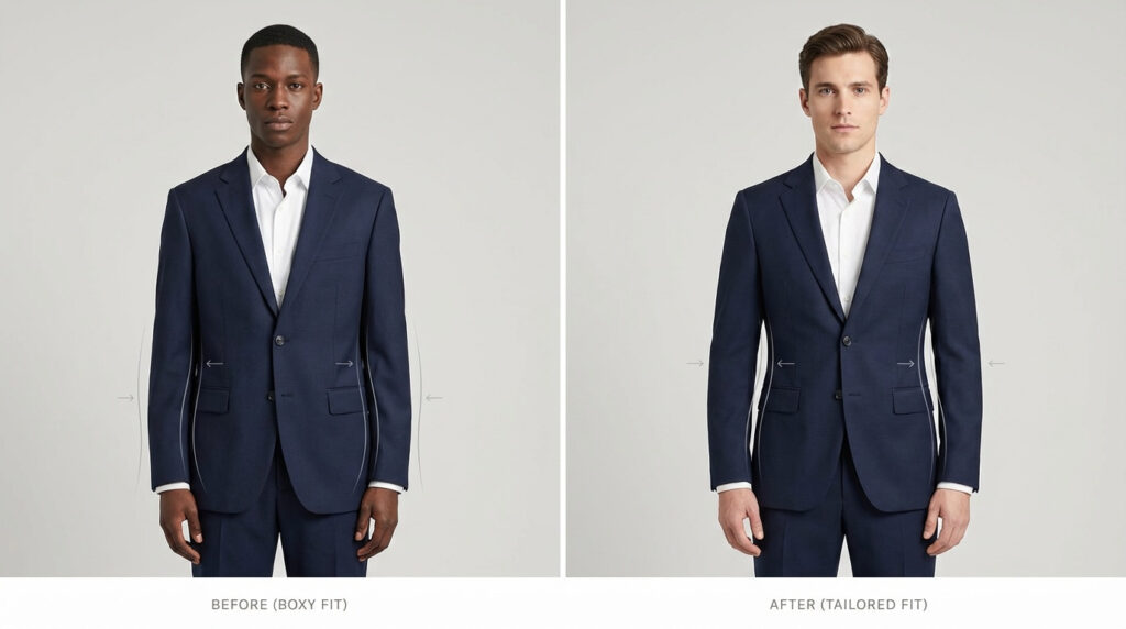 before after - transforms a boxy, off-the-rack fit into tailored look